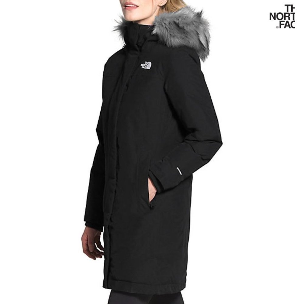 NORTH FACE  Women's Arctic Parka Small Black Coat Faux Fur 550 Down EUC
